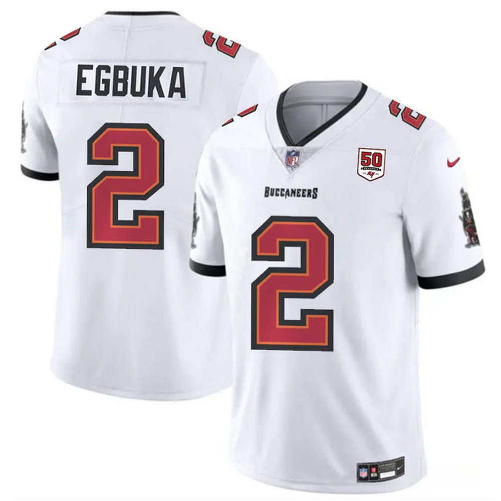 Men's Tampa Bay Buccaneers #2 Emeka Egbuka White 50th Anniversary Patch Vapor Untouchable Limited Stitched Football Jersey Men's Tampa Bay Buccaneers #2 Emeka Egbuka White 50th Anniversary Patch Vapor Untouchable Limited Stitched Football Jersey