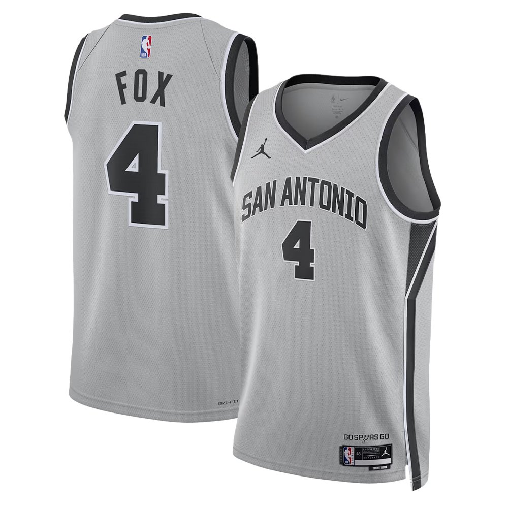 Men's San Antonio Spurs #4 De Aaron Fox Grey 2025/26 Statement Edition Jersey Men's San Antonio Spurs #4 De Aaron Fox Grey 2025/26 Statement Edition Jersey