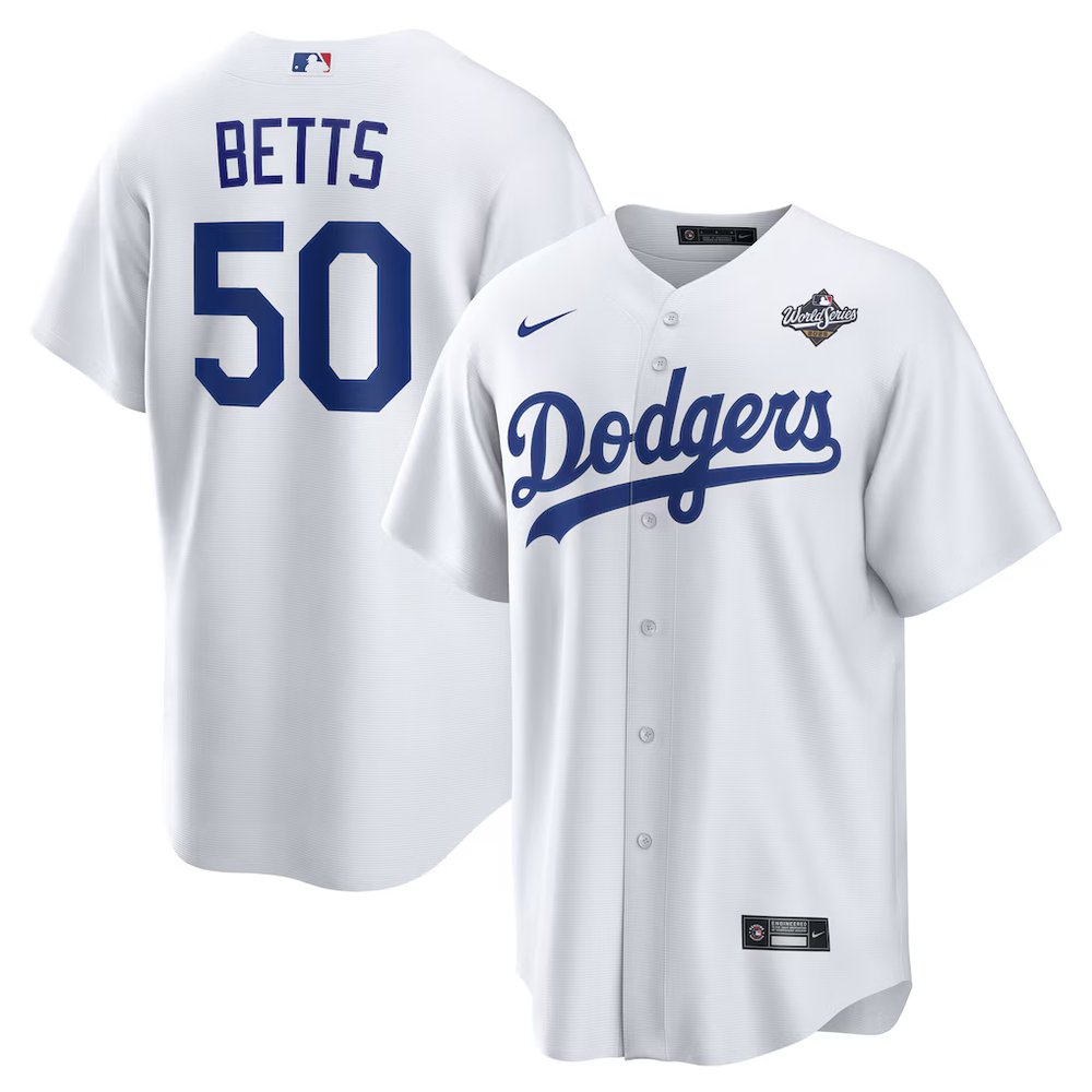 Men's Los Angeles Dodgers #50 Mookie Betts White 2025 World Series Home Replica Player Jersey