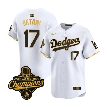 Men's Los Angeles Dodgers #17 Shohei Ohtani White Golden 2025 World Series Champions Home Limited Jersey