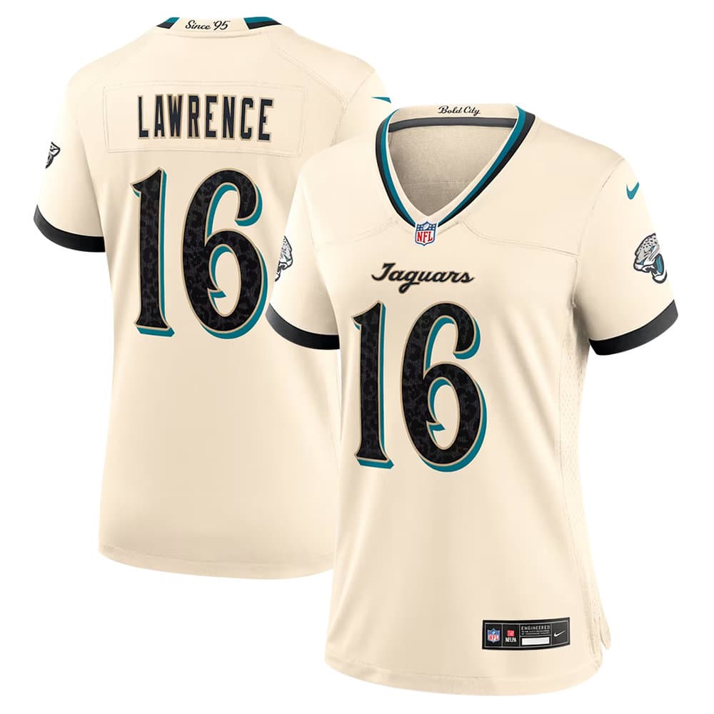 Women's Jacksonville Jaguars #16 Trevor Lawrence Cream 2026 Rivalries Collection Game Jersey