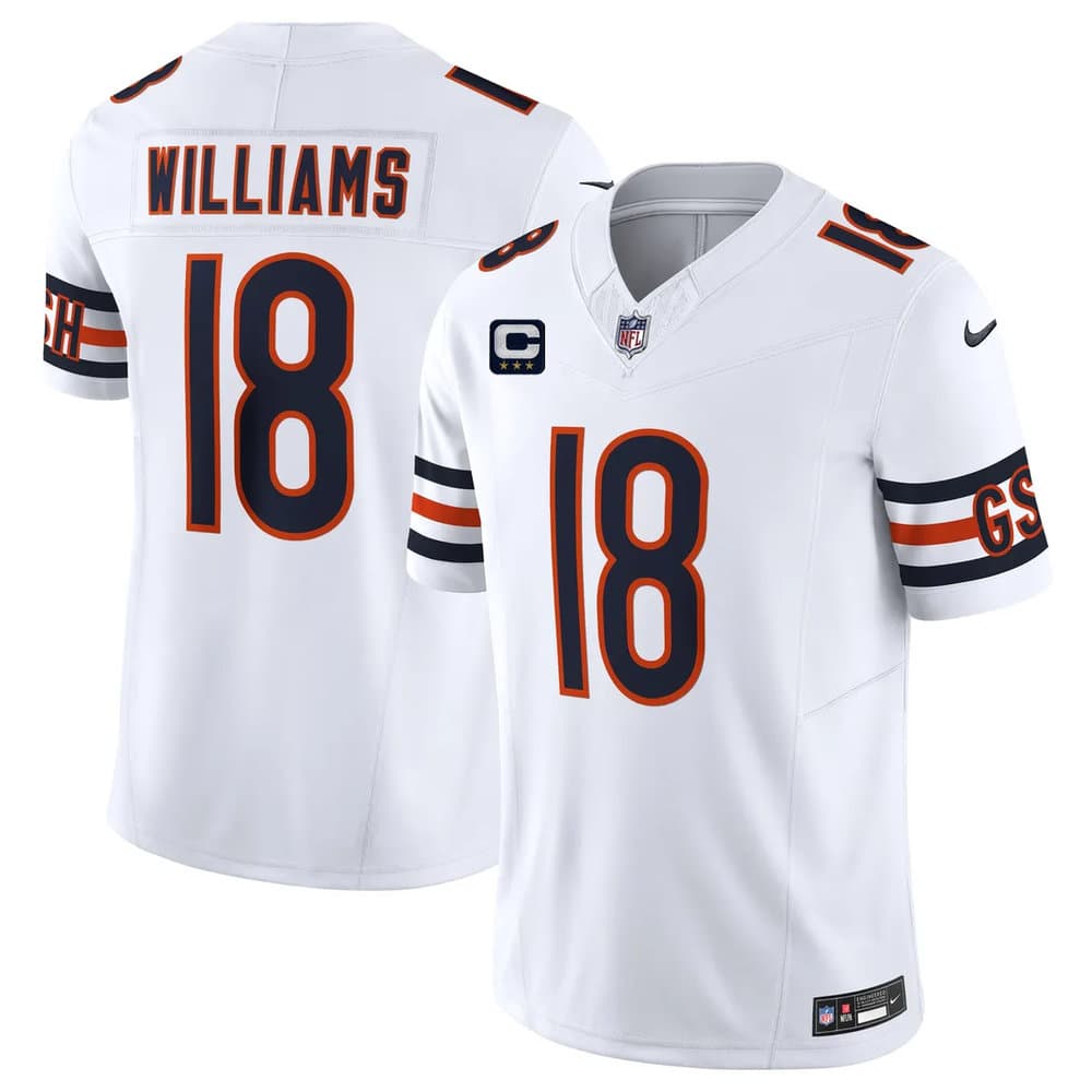 Men's Chicago Bears #18 Caleb Williams White 2026 With 3-star C Patch Vapor F.U.S.E. Untouchable Limited Jersey Men's Chicago Bears #18 Caleb Williams White 2026 With 3-star C Patch Vapor F.U.S.E. Untouchable Limited Jersey