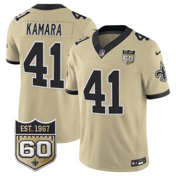 Men's New Orleans Saints #41 Alvin Kamara Gold 2026 60th Anniversary Patch Vapor F.U.S.E Limited Jersey Men's New Orleans Saints #41 Alvin Kamara Gold 2026 60th Anniversary Patch Vapor F.U.S.E Limited Jersey