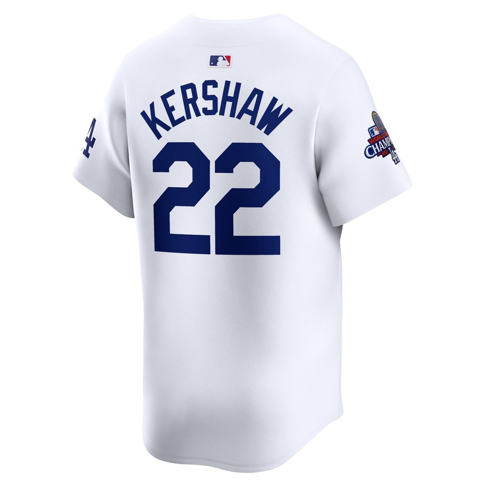Men's Los Angeles Dodgers #22 Clayton Kershaw White 2024 World Series Champions Home Limited Player Jersey