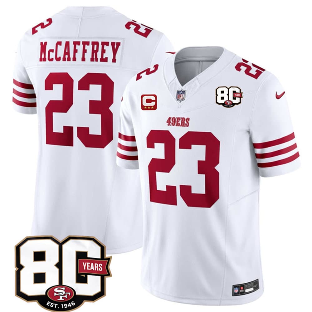 Men's San Francisco 49ers #23 Christian McCaffrey White 2026 With 80th Anniversary & 3-Star C Patch Vapor F.U.S.E. Untouchabl Limited Jersey