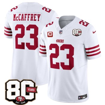 Men's San Francisco 49ers #23 Christian McCaffrey White 2026 With 80th Anniversary & 3-Star C Patch Vapor F.U.S.E. Untouchabl Limited Jersey
