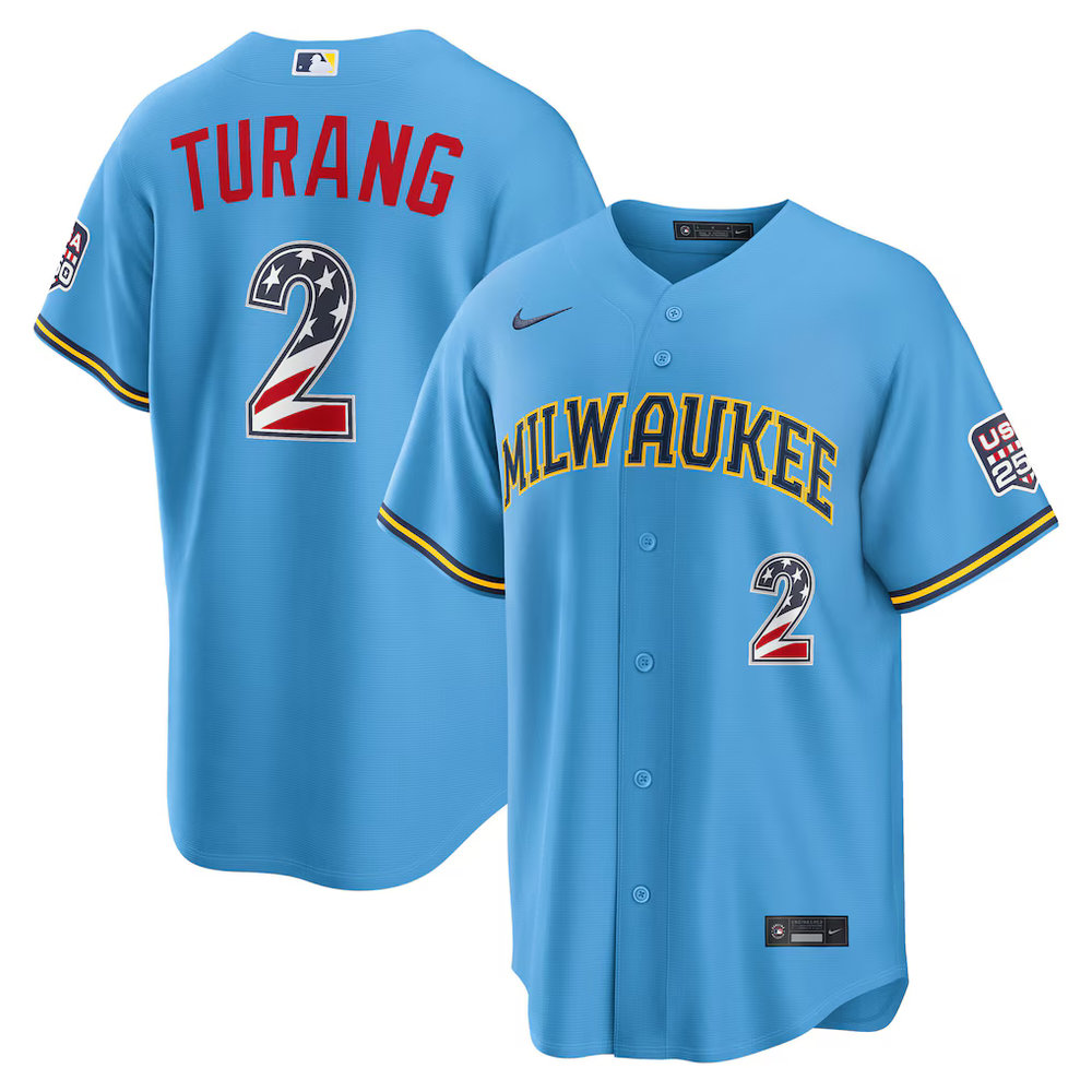Men's Milwaukee Brewers #2 Brice Turang Nike Light Blue USA 250 Fourth of July Road Stadium Jersey Men's Milwaukee Brewers #2 Brice Turang Nike Light Blue USA 250 Fourth of July Road Stadium Jersey