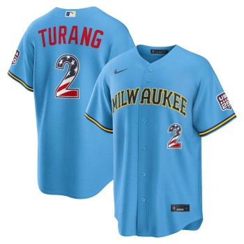 Youth Milwaukee Brewers #2 Brice Turang Nike Light Blue USA 250 Fourth of July Road Stadium Jersey
