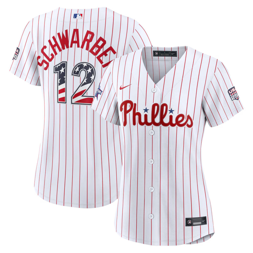 Women's Philadelphia Phillies #12 Kyle Schwarber Nike White 2026 All-Star Edition Stars & Stripes Stadium Jersey Women's Philadelphia Phillies #12 Kyle Schwarber Nike White 2026 All-Star Edition Stars & Stripes Stadium Jersey