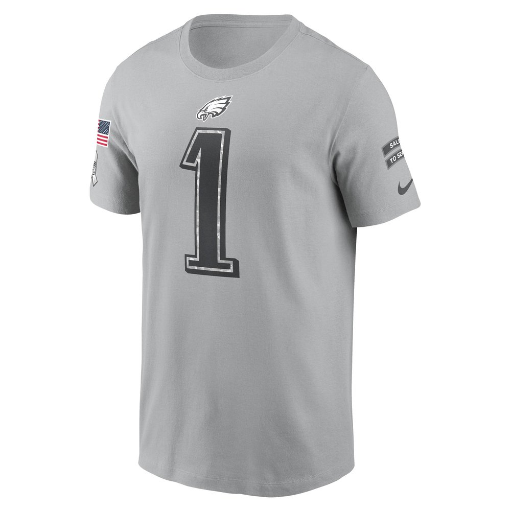 Men's Philadelphia Eagles #1 Jalen Hurts Gray 2024 Salute To Service Name & Number T-Shirt