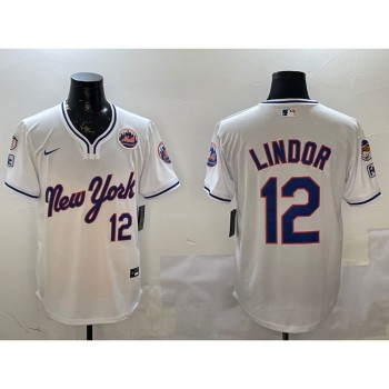Men's New York Mets #12 Francisco Lindor White 2025 Spring Training Stitched Baseball Jersey