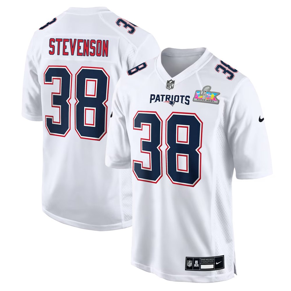Youth New England Patriots #38 Rhamondre Stevenson White Super Bowl LX Patch Tundra Fashion Game Jersey