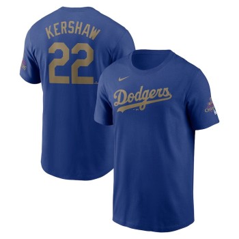 Men's Los Angeles Dodgers #22 Clayton Kershaw Royal 2025 Gold Collection Name & Number T-Shirt