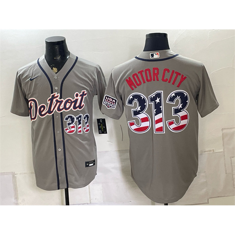 Men's Detroit Tigers #313 Motor City Grey 2026 USA 250 Fourth of July Jersey