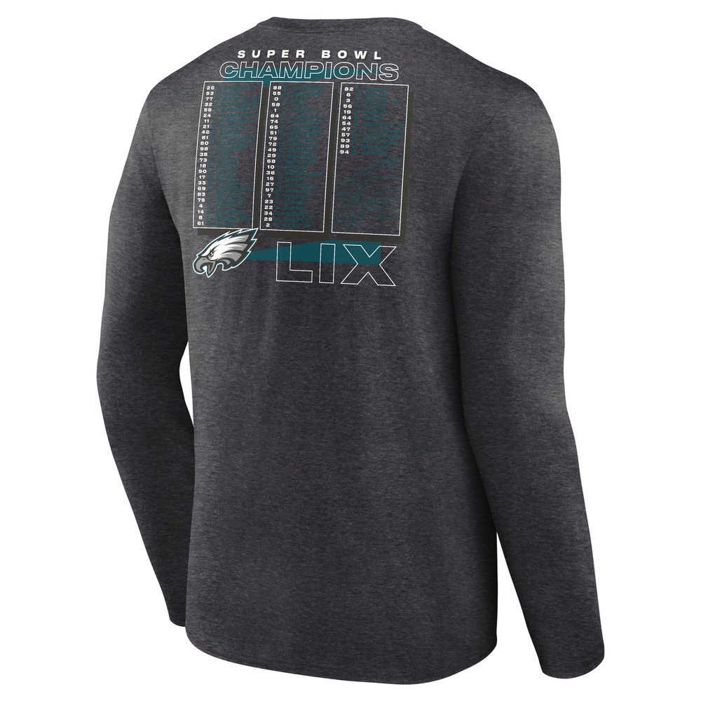 Men's Philadelphia Eagles Heather Charcoal Super Bowl LIX Champions Roster Long Sleeve T-Shirt
