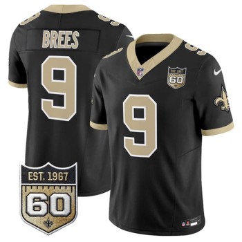 Men's New Orleans Saints #9 Drew Brees Black 2026 60th Anniversary Patch Vapor F.U.S.E Limited Jersey