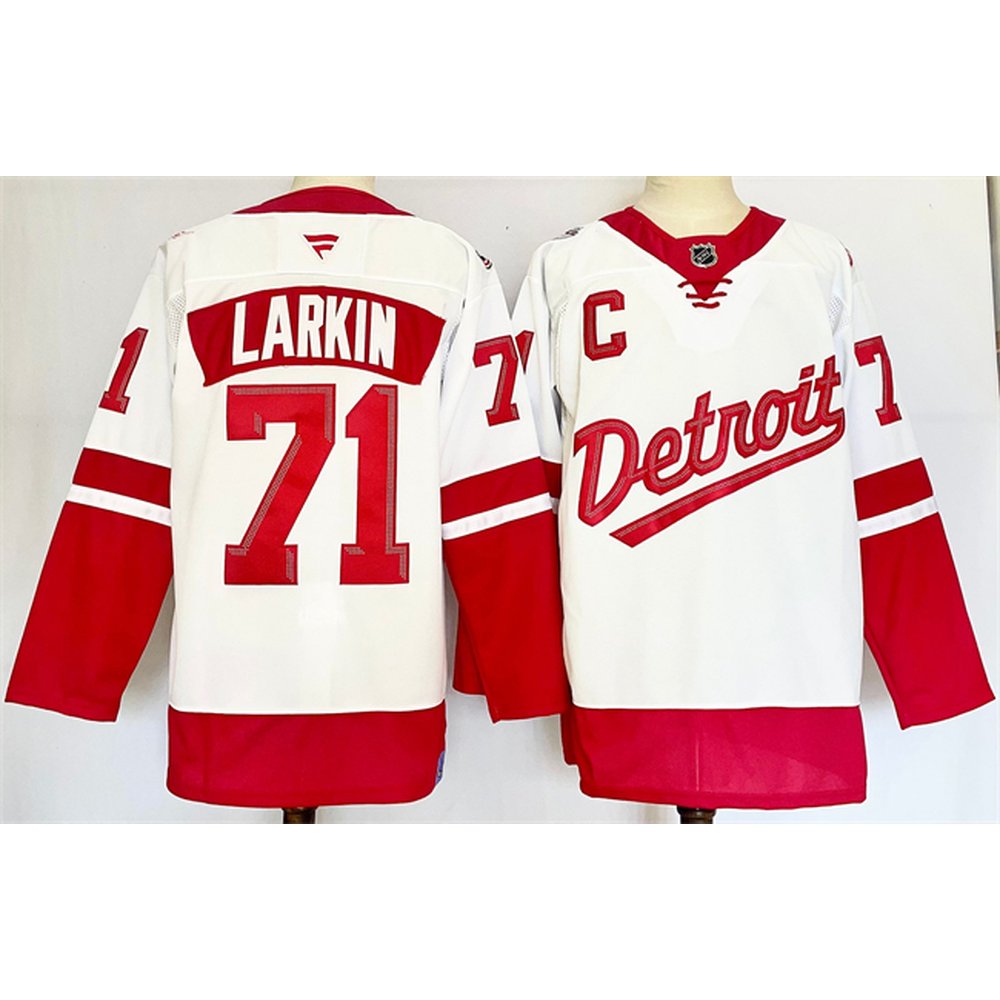 Men's Detroit Red Wings #71 Dylan Larkin White/Red 2024-25 With C Patch Stitched Premium Jersey Men's Detroit Red Wings #71 Dylan Larkin White/Red 2024-25 With C Patch Stitched Premium Jersey