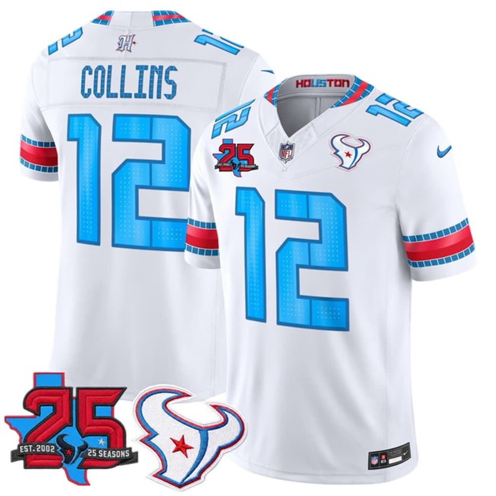Youth Houston Texans #12 Nico Collins White 25th Anniversary Patch 'HOUSTON/US' 2026 Rivalries Collection Vapor F.U.S.E. Limited Jersey