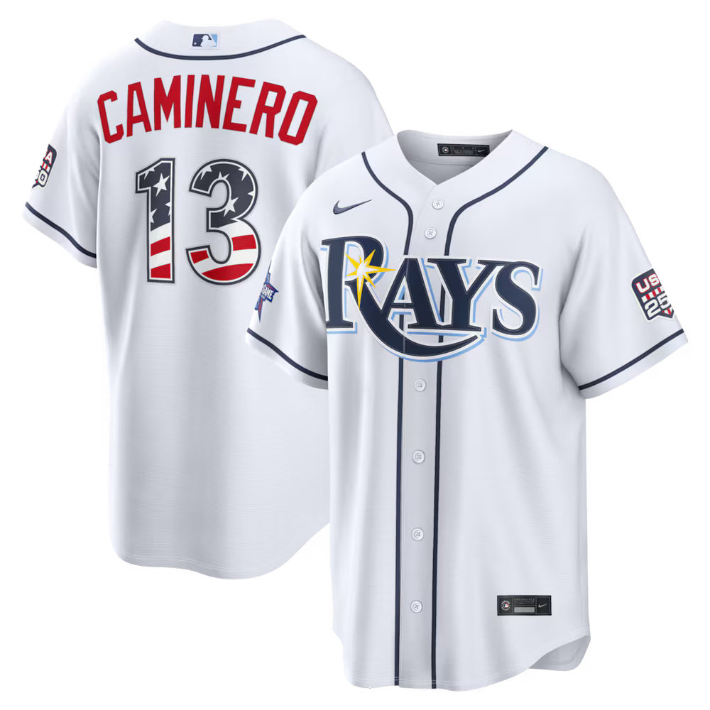 Youth Tampa Bay Rays #13 Junior Caminero Nike White 2026 All-Star Edition Stars & Stripes Stadium Jersey