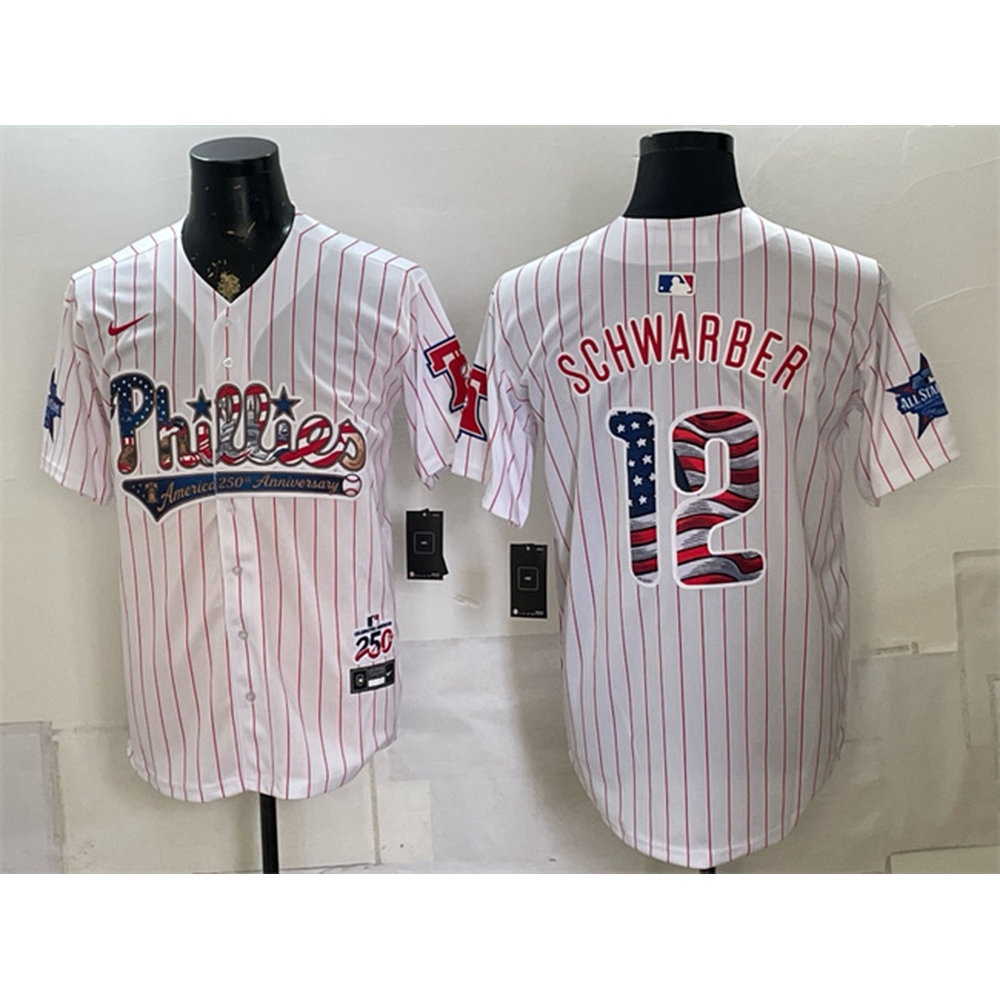 Men's Philadelphia Phillies #12 Kyle Schwarber White 2026 All-Star & USA 250 Fourth of July Home Baseball Jersey Men's Philadelphia Phillies #12 Kyle Schwarber White 2026 All-Star & USA 250 Fourth of July Home Baseball Jersey