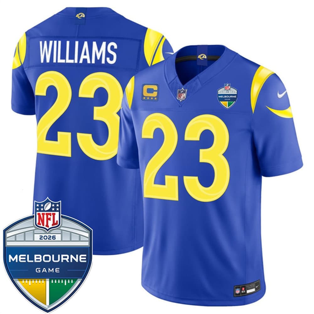 Men's Los Angeles Rams #23 Kyren Williams Royal 2026 4-Star C Patch And Melbourne Game Patch Vapor F.U.S.E. Limited Jersey