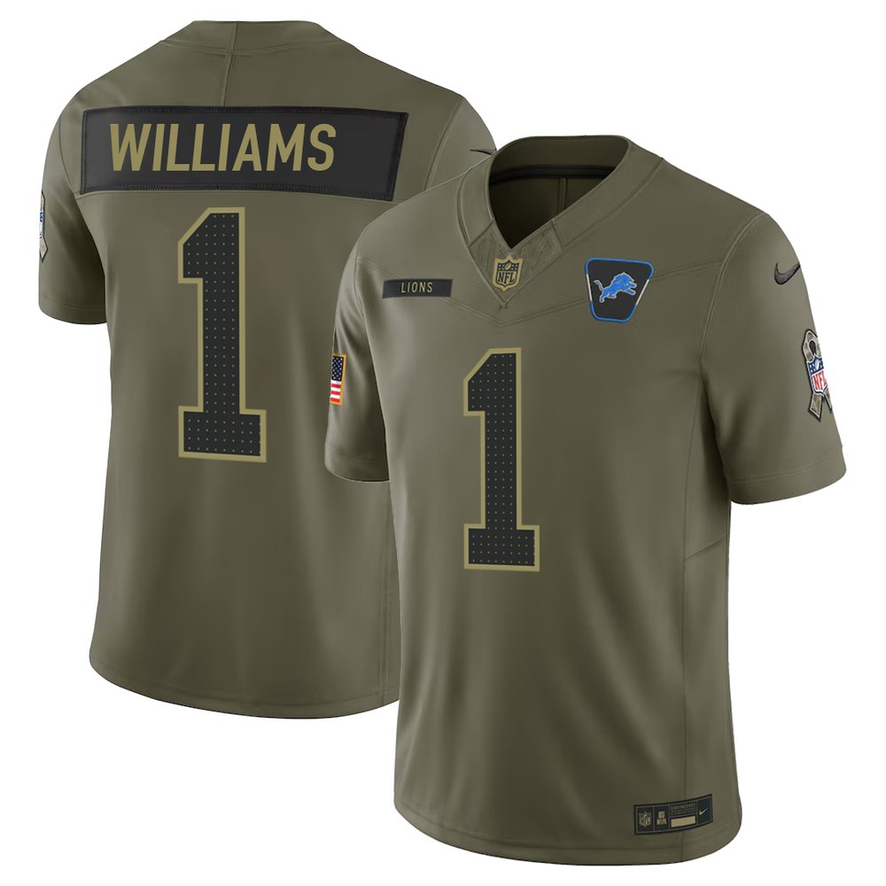 Men's Detroit Lions #1 Jameson Williams Nike Olive 2025 Salute to Service Retired Limited Jersey
