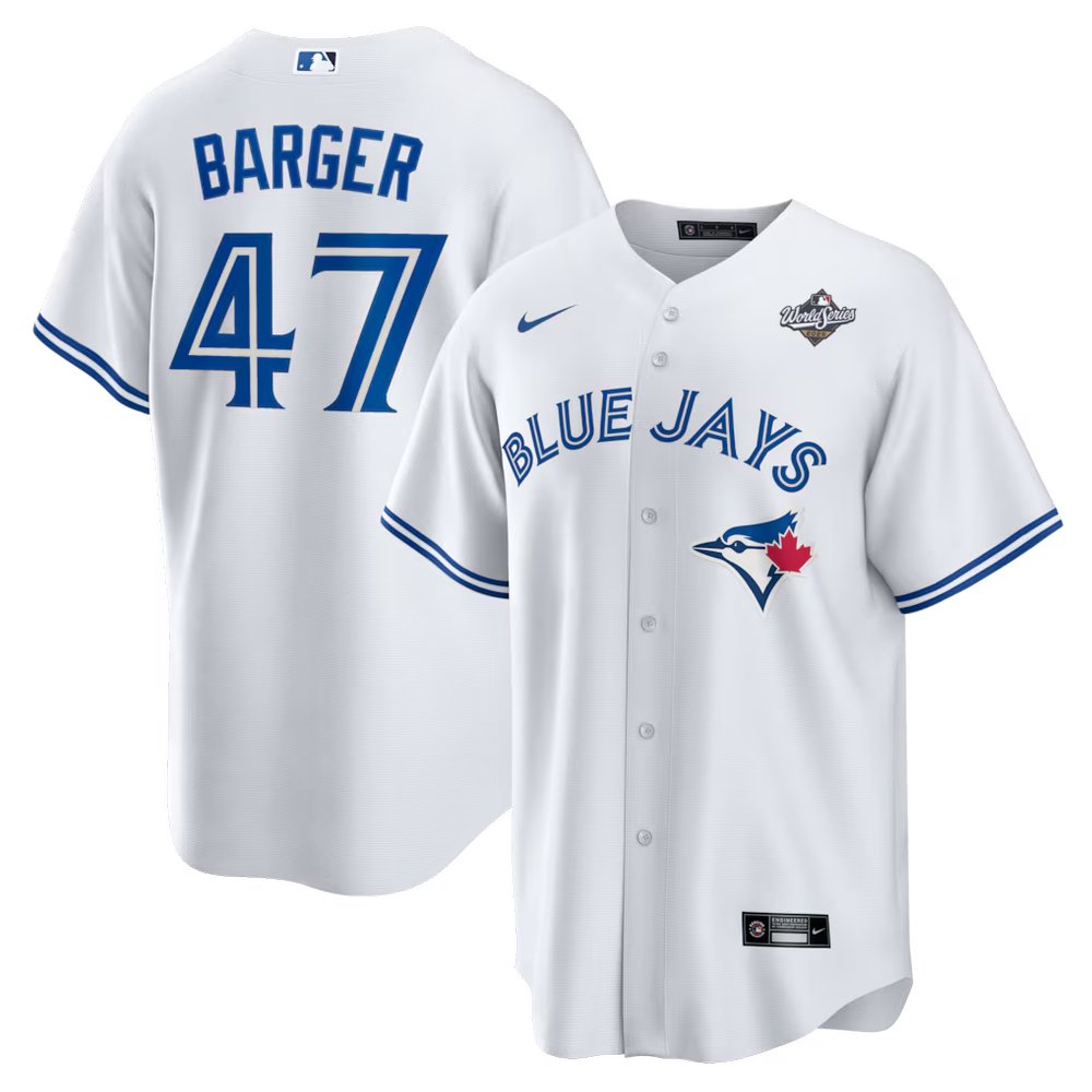 Men's Toronto Blue Jays #47 Addison Barger White 2025 World Series Home Replica Player Jersey