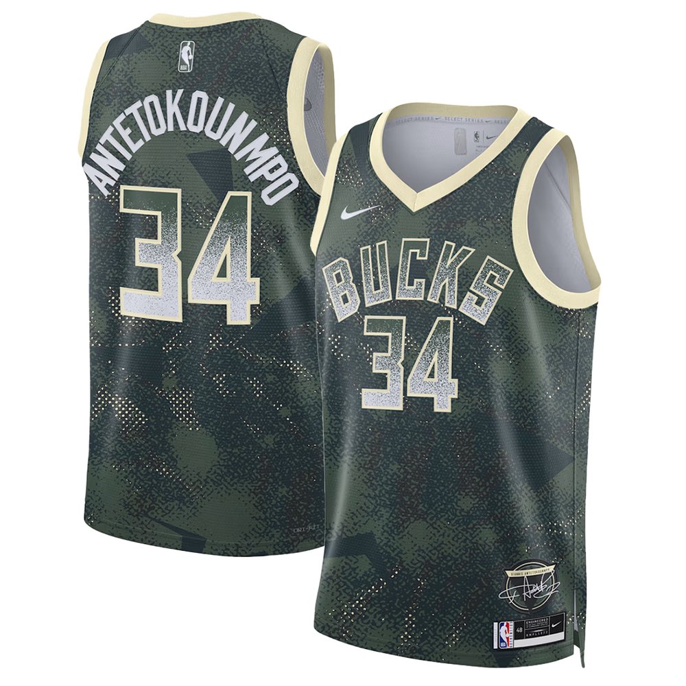 Men's Milwaukee Bucks #34 Giannis Antetokounmpo Green 2025/26 Select Series Jersey Men's Milwaukee Bucks #34 Giannis Antetokounmpo Green 2025/26 Select Series Jersey