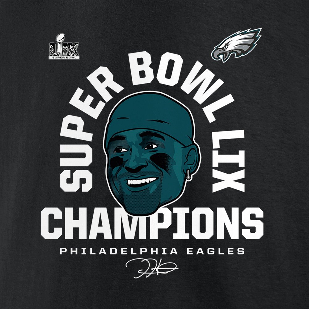 Men's Philadelphia Eagles #1 Jalen Hurts Black Super Bowl LIX Champions T-Shirt