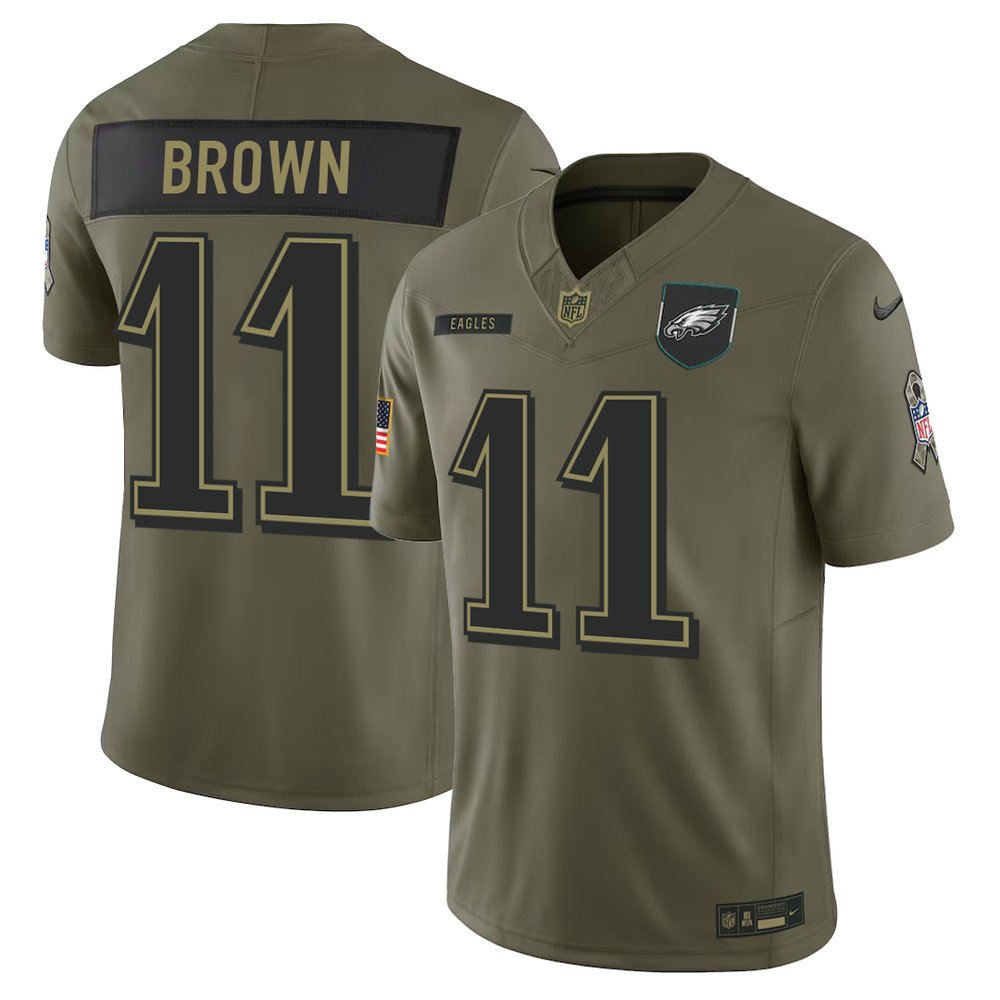 Men's Philadelphia Eagles #11 A.J. Brown Nike Olive 2025 Salute to Service Retired Limited Jersey Men's Philadelphia Eagles #11 A.J. Brown Nike Olive 2025 Salute to Service Retired Limited Jersey