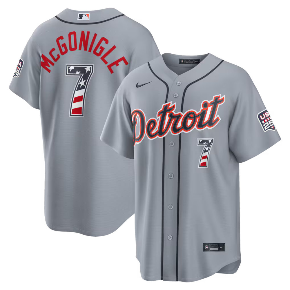 Youth Detroit Tigers #7 Kevin McGonigle Nike Gray USA 250 Fourth of July Road Stadium Jersey