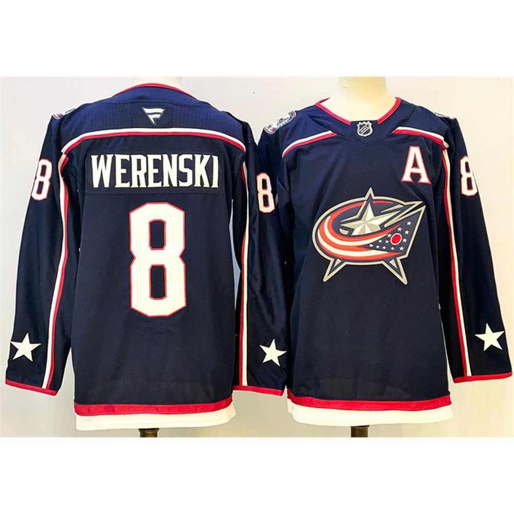 Men's Columbus Blue Jackets #8 Zach Werenski Navy With A Patch Stitched Hockey Premium Jersey