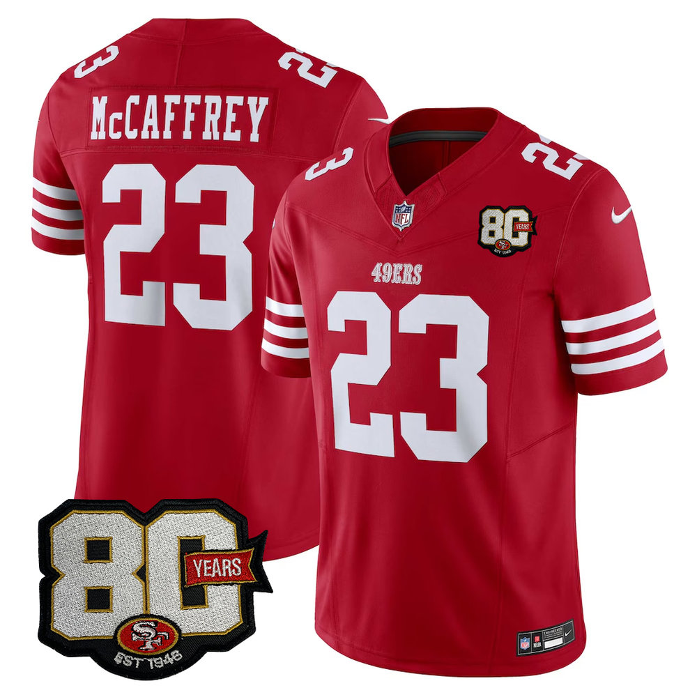 Men's San Francisco 49ers #23 Christian McCaffrey Red 80 Anniversary Vapor F.U.S.E. Limited Jersey