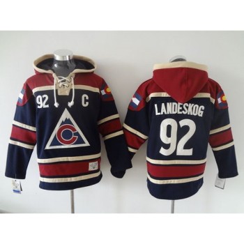 Avalanche #92 Gabriel Landeskog Navy Blue Sawyer Hooded Sweatshirt Stitched NHL Jersey