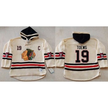 Blackhawks #19 Jonathan Toews Cream Heavyweight Pullover Hoodie Stitched NHL Jersey
