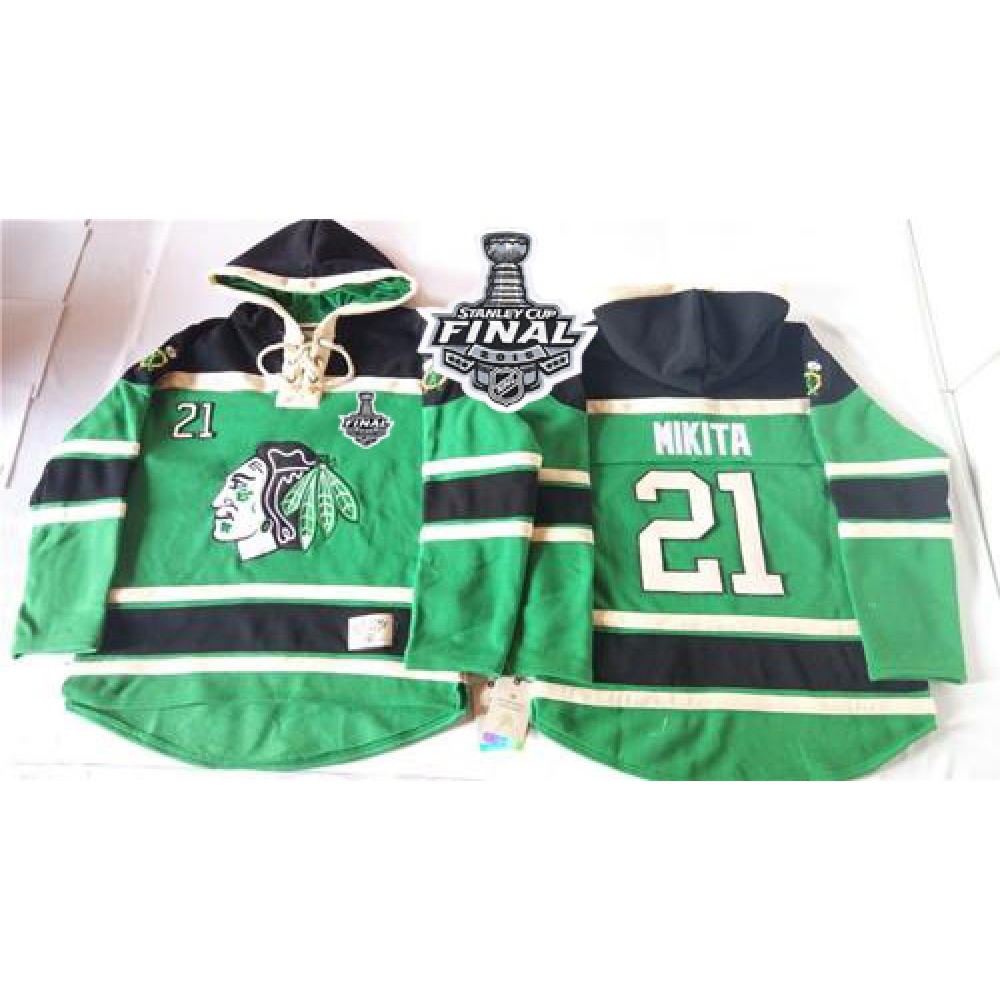Blackhawks #21 Stan Mikita Green St. Patrick's Day McNary Lace Hoodie 2015 Stanley Cup Stitched NHL Jersey