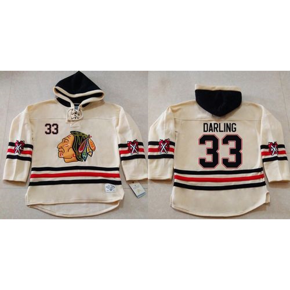 Blackhawks #33 Scott Darling Cream Heavyweight Pullover Hoodie Stitched NHL Jersey