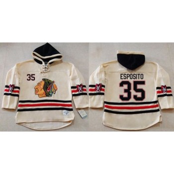 Blackhawks #35 Tony Esposito Cream Heavyweight Pullover Hoodie Stitched NHL Jersey