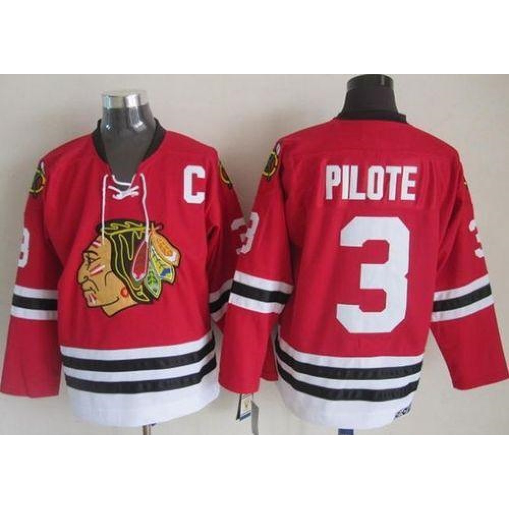 Blackhawks #3 Pierre Pilote Red CCM Throwback Stitched NHL Jersey