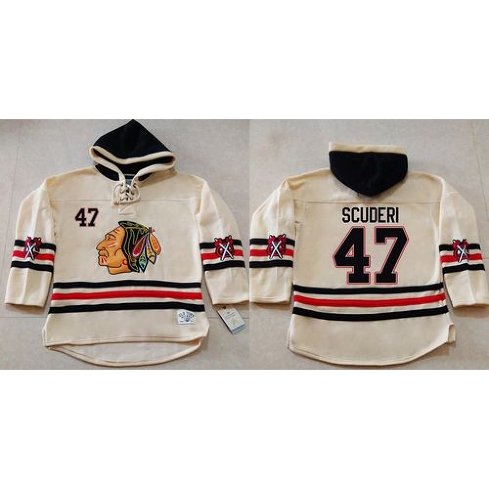 Blackhawks #47 Rob Scuderi Cream Heavyweight Pullover Hoodie Stitched NHL Jersey