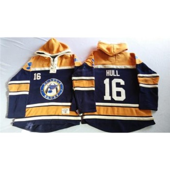 Blues #16 Brett Hull Navy Blue/Gold Sawyer Hooded Sweatshirt Stitched NHL Jersey