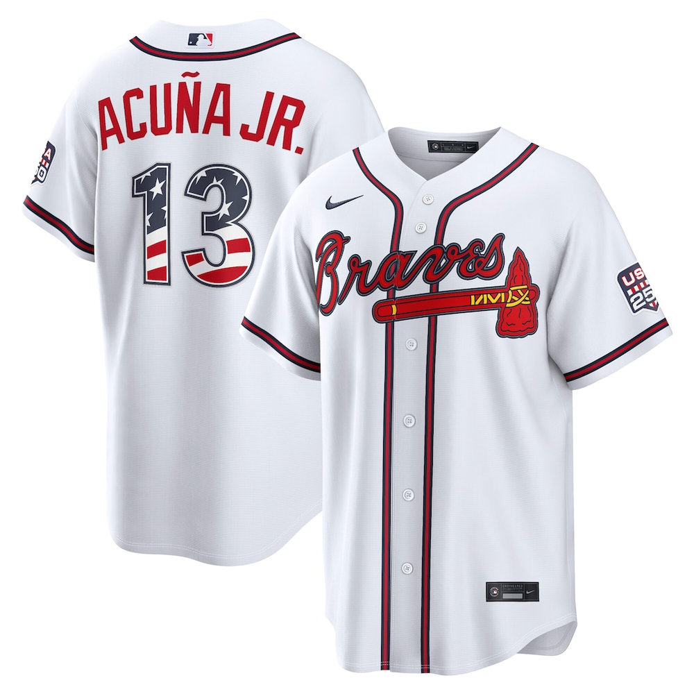 Men's Atlanta Braves #13 Ronald Acuna Jr. Nike White USA 250 Fourth of July Home Stadium Jersey Men's Atlanta Braves #13 Ronald Acuna Jr. Nike White USA 250 Fourth of July Home Stadium Jersey