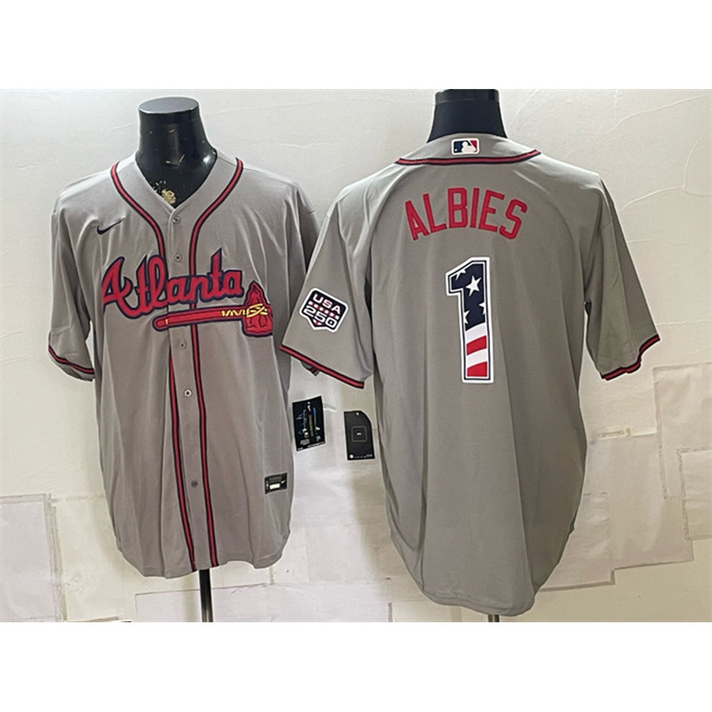 Youth Atlanta Braves #1 Ozzie Albies Grey USA 250 Fourth of July Home Stadium Jersey