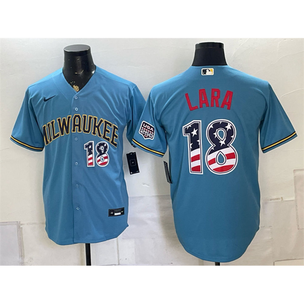 Men's Milwaukee Brewers #18 Luis Lara Blue 2026 USA 250 Fourth of July Home Stadium Jersey Men's Milwaukee Brewers #18 Luis Lara Blue 2026 USA 250 Fourth of July Home Stadium Jersey