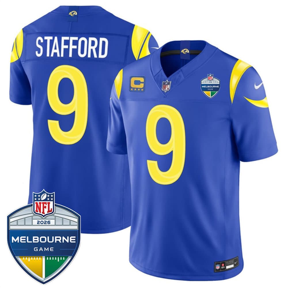 Men's Los Angeles Rams #9 Matthew Stafford Royal 2026 4-Star C Patch And Melbourne Game Patch Vapor F.U.S.E. Limited Jersey