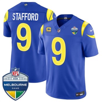 Men's Los Angeles Rams #9 Matthew Stafford Royal 2026 4-Star C Patch And Melbourne Game Patch Vapor F.U.S.E. Limited Jersey