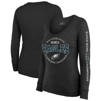 Women's Philadelphia Eagles  Threads Black Super Bowl LIX Champions Highlight Tri-Blend Scoop Neck Long Sleeve T-Shirt