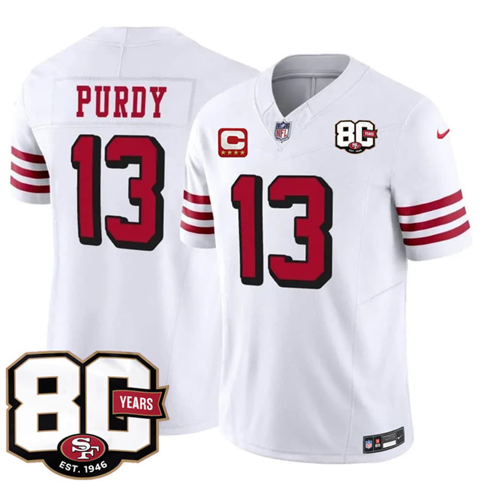 Men's San Francisco 49ers #13 Brock Purdy New White 2026 With 80th Anniversary & 4-Star C Patch Vapor F.U.S.E. Untouchabl Limited Jersey