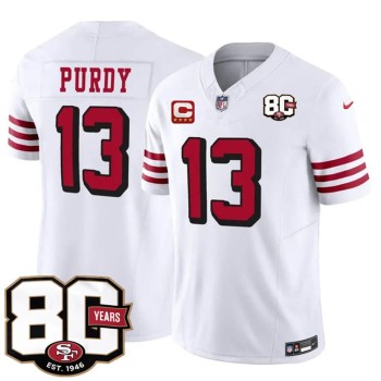Men's San Francisco 49ers #13 Brock Purdy New White 2026 With 80th Anniversary & 4-Star C Patch Vapor F.U.S.E. Untouchabl Limited Jersey