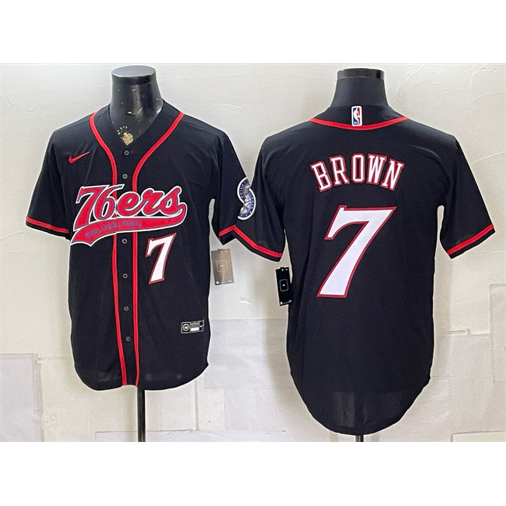 Men's Philadelphia 76ers #7 Jaylen Brown Black Cool Base Baseball Jersey